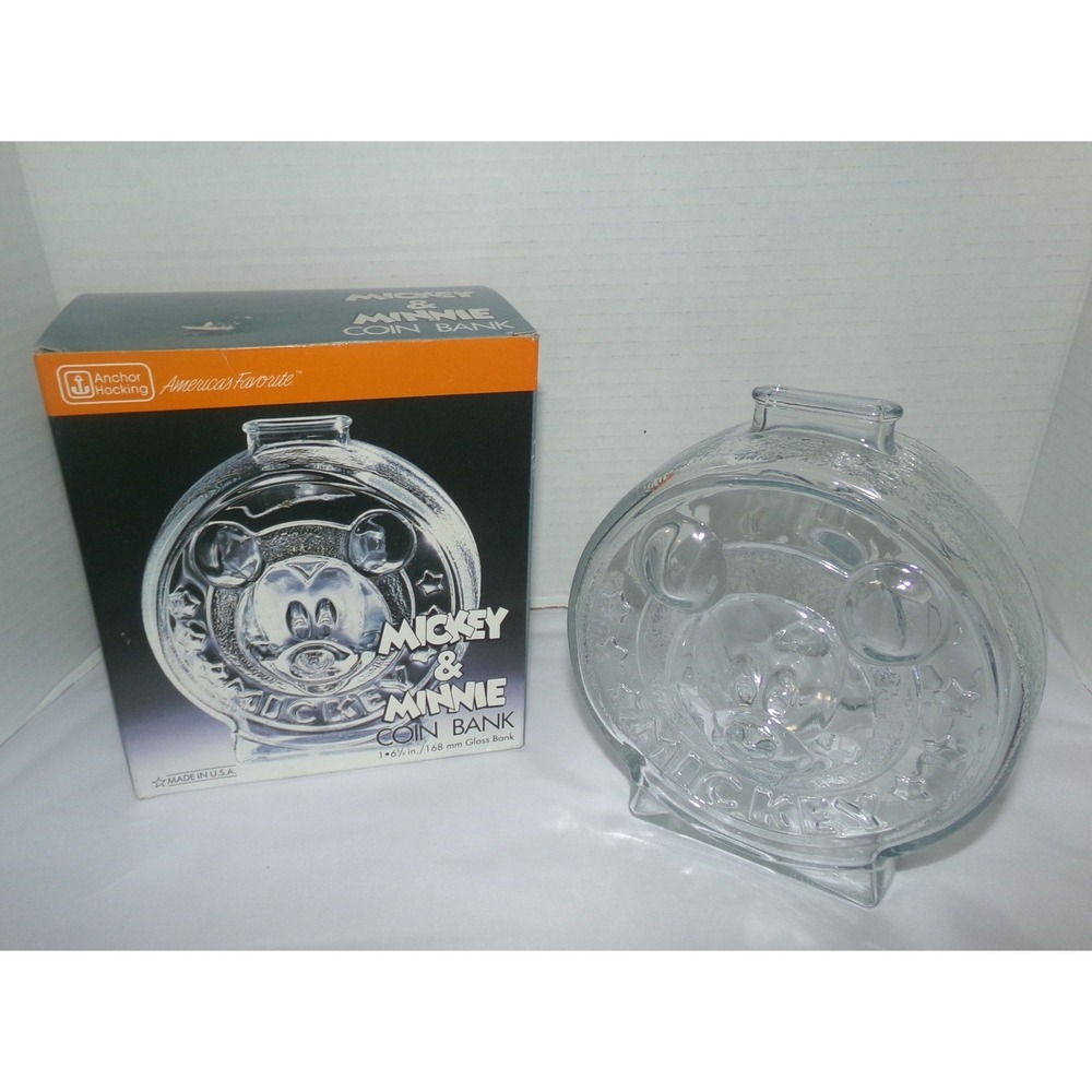 Anchor Hocking Mickey & Minnie Mouse Glass Coin Bank Vintage Disney Made in USA